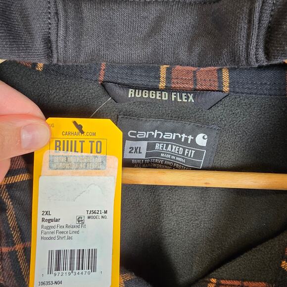 Carhartt Men Sz 2XL Relaxed Fit Flannel Fleece Lined Hooded Shirt Jacket Shacket - Picture 2 of 3